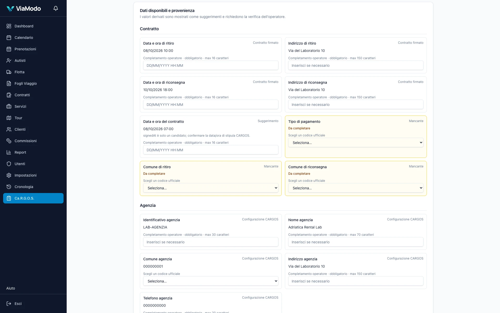 Dati del contratto nel workspace Ca.R.G.O.S., con provenienza e campi per il completamento dell’operatore