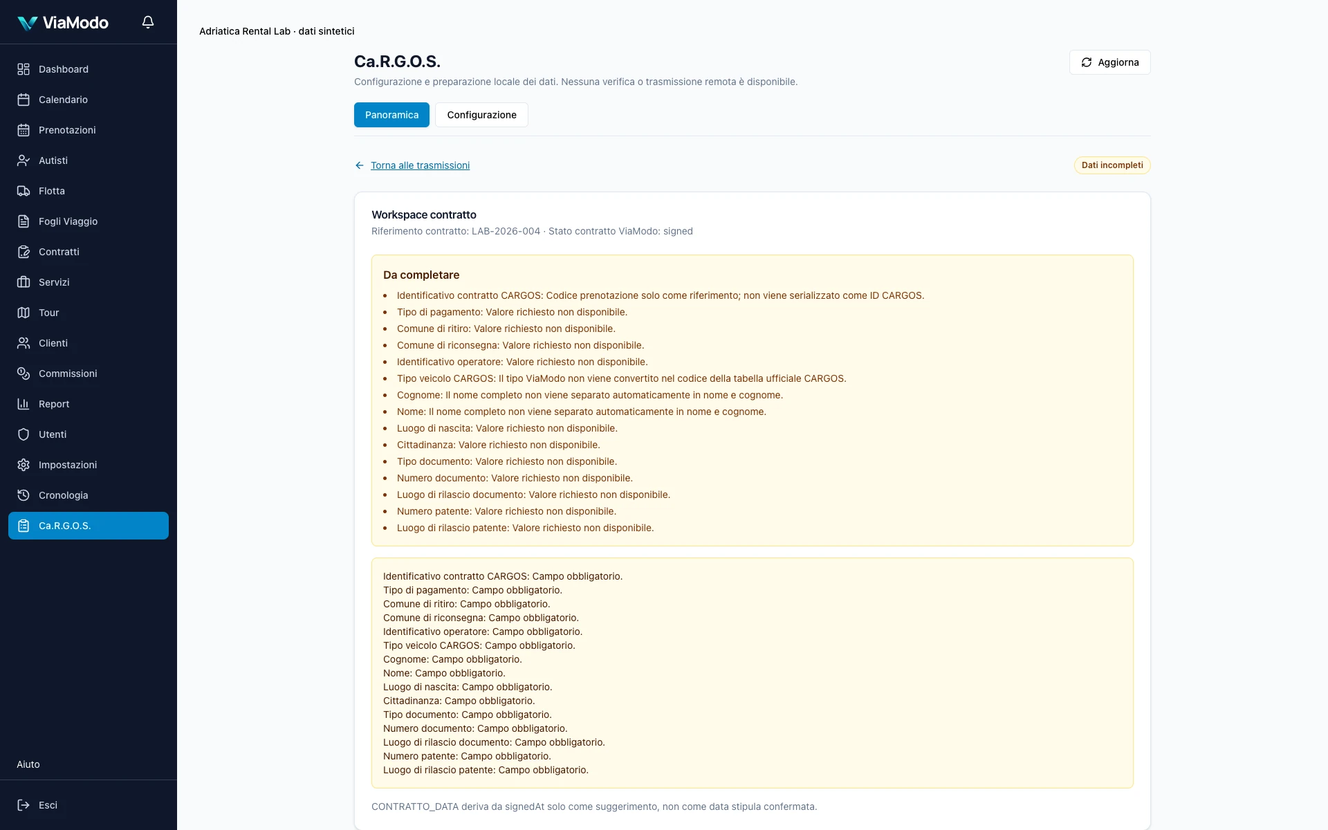 Controllo locale Ca.R.G.O.S. con elenco dei dati sintetici da completare prima della verifica