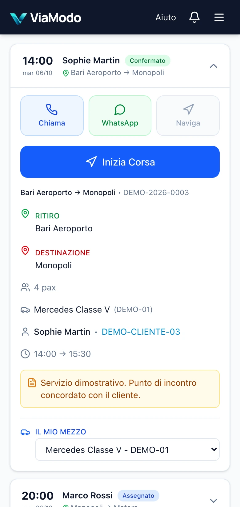 Area Driver ViaModo su smartphone con corsa assegnata, percorso, mezzo e note